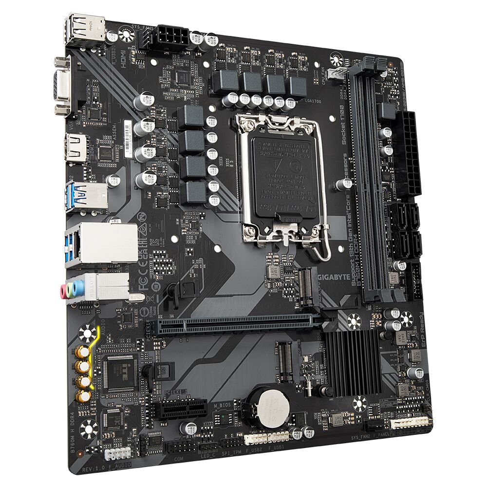 Carte mère Gigabyte pour processeur Intel, dotée de plusieurs emplacements de mémoire RAM, de ports PCIe et de connecteurs d'arrière panneau incluant HDMI et USB.