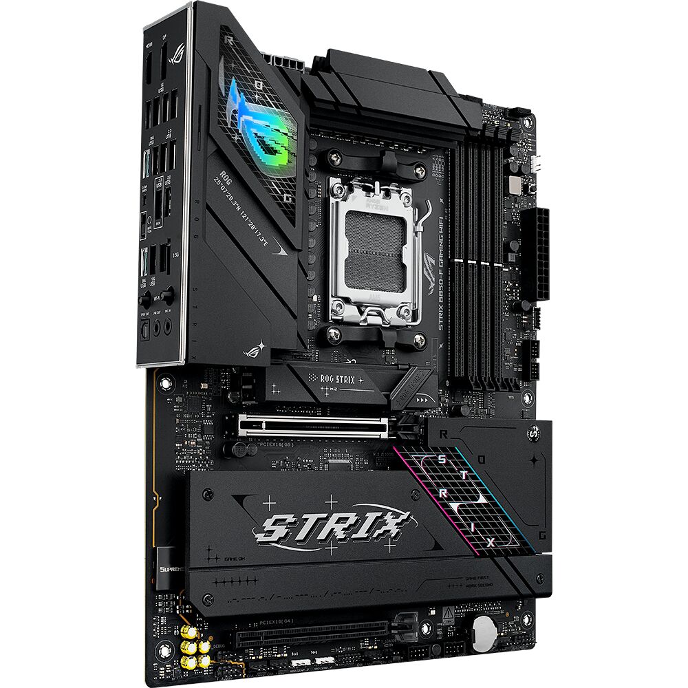 Carte mère ASUS ROG Strix avec dissipateurs thermiques noirs et éclairage RGB, présentant un socket processeur central et plusieurs emplacements de mémoire RAM.