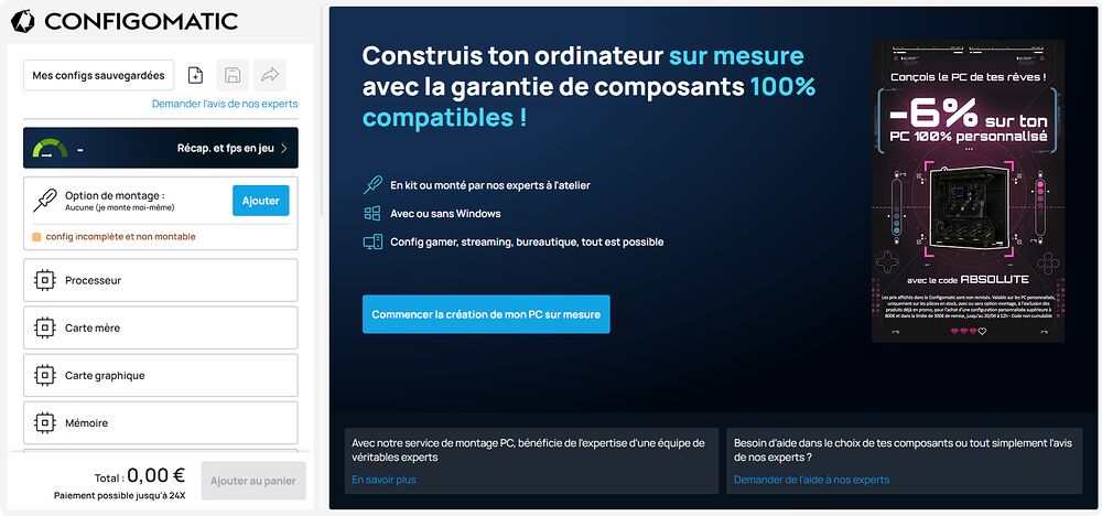 Interface du configurateur PC ConfigoMatic