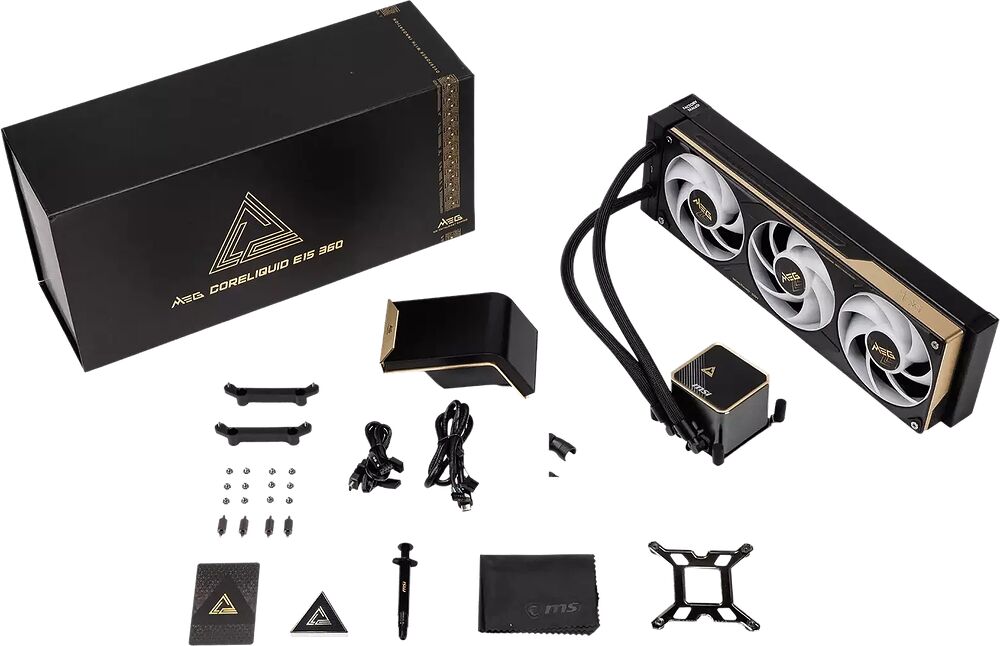 Kit de refroidissement liquide ASUS ROG Coreliquid 360 avec son boîtier, ses ventilateurs blancs et ses accessoires de montage.