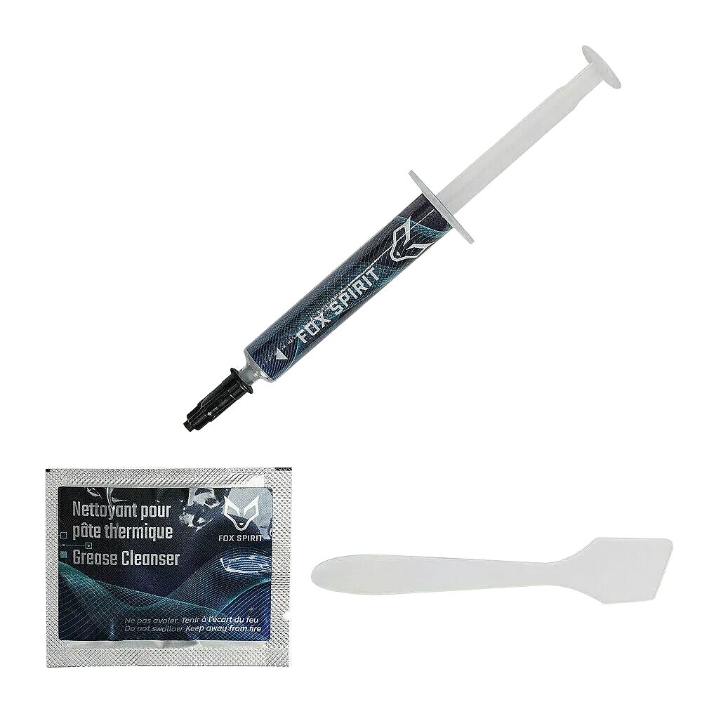 Une seringue de pâte thermique Fox Spirit accompagnée d'un sachet de nettoyant pour pâte thermique et d'une spatule de nettoyage blanche.