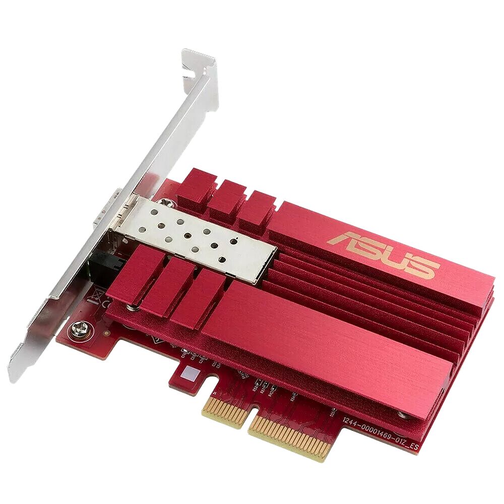 Carte graphique ASUS avec un dissipateur thermique rouge et une plaque arrière métallique.