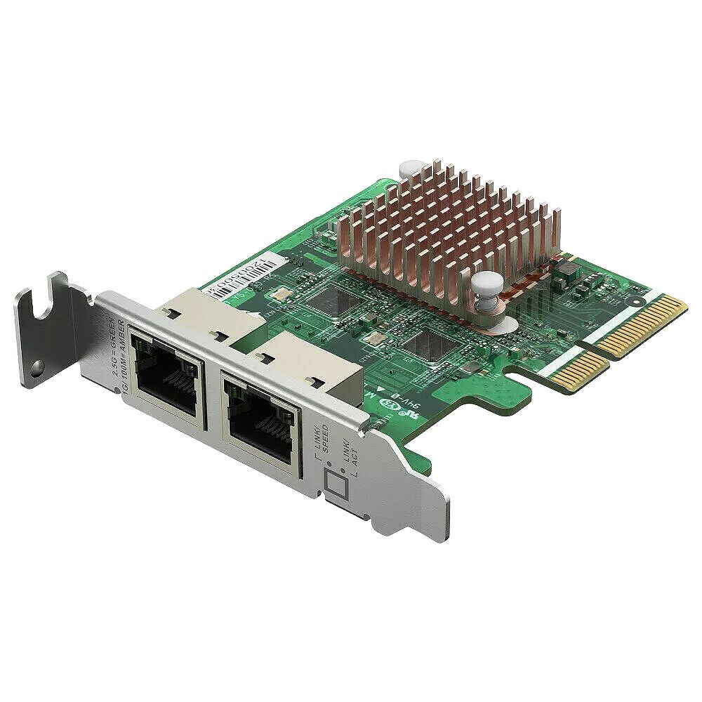 Carte réseau PCIe avec deux ports Ethernet et un dissipateur thermique en cuivre sur un circuit imprimé vert.