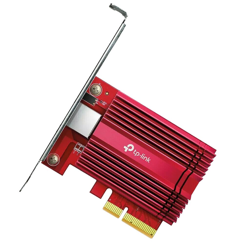Carte réseau PCIe TP-Link de couleur rouge avec un dissipateur thermique strié pour le refroidissement.
