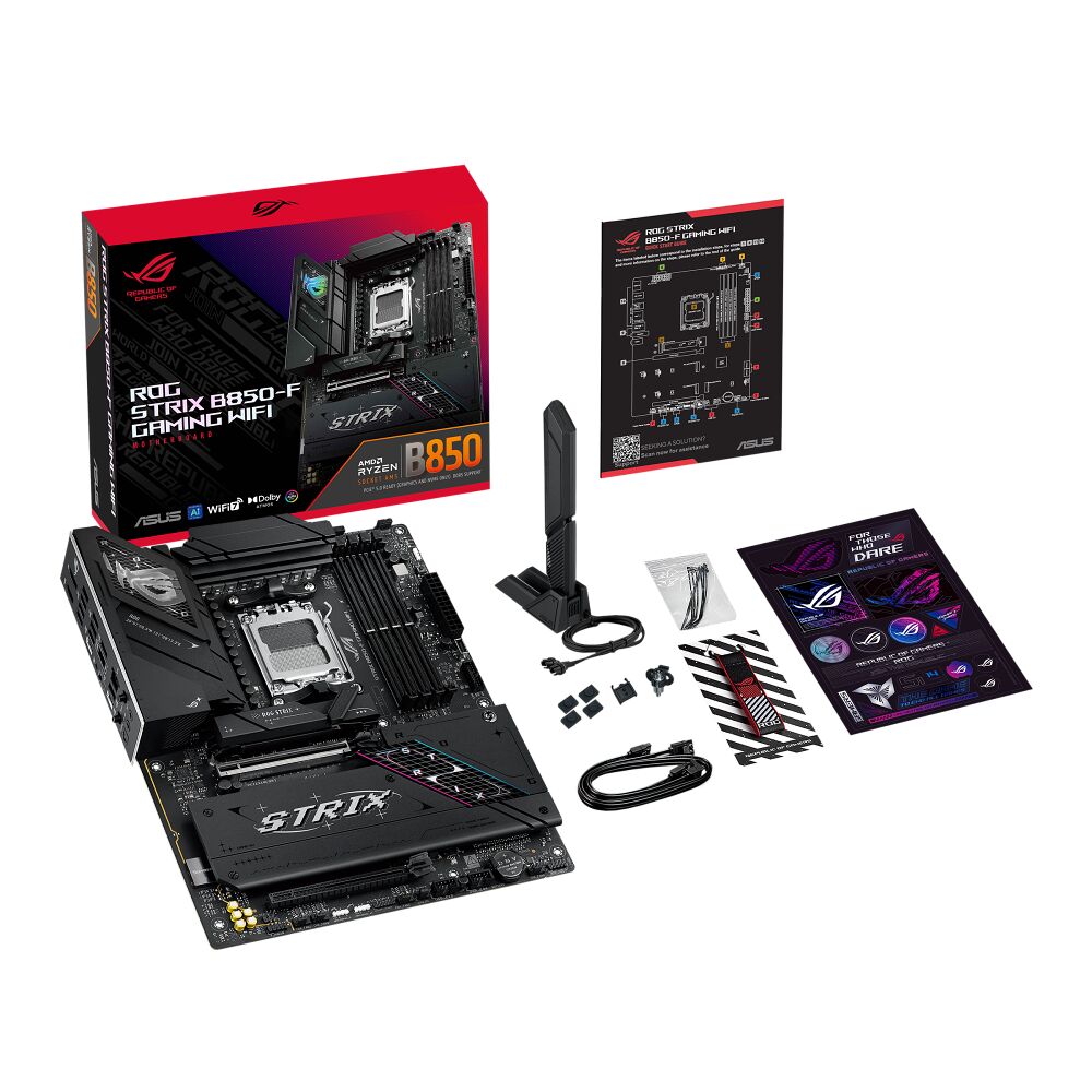 Carte mère ASUS ROG Strix B850-F Gaming WiFi présentée avec sa boîte, son manuel et ses accessoires de montage.