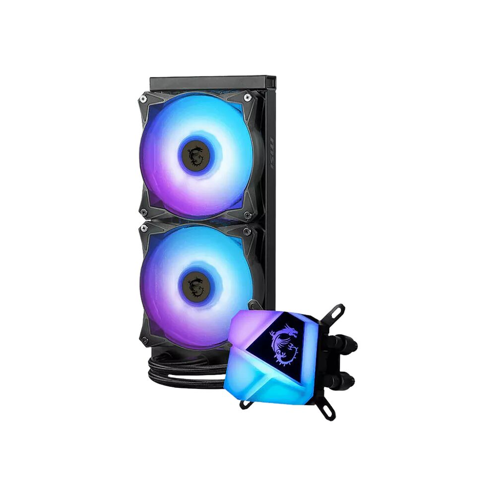 Refroidisseur liquide MSI avec deux ventilateurs à éclairage RGB multicolore et un bloc de pompe assorti.