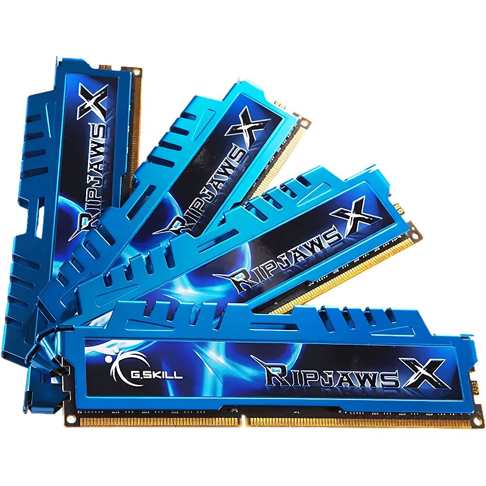 Kit de quatre barrettes de mémoire RAM G.Skill Ripjaws X de couleur bleue avec un dissipateur thermique texturé.