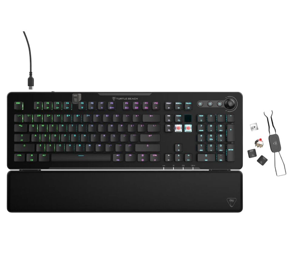 Clavier gamer Turtle Beach avec rétroéclairage RGB multicolore et repose-poignet assorti.