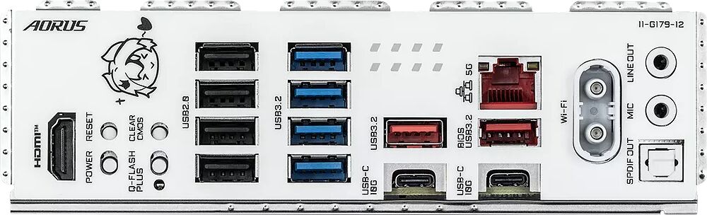 Panneau arrière d'une carte mère Aorus présentant divers connecteurs : ports USB, HDMI, DisplayPort, ports réseau, prises audio et ports USB-C.