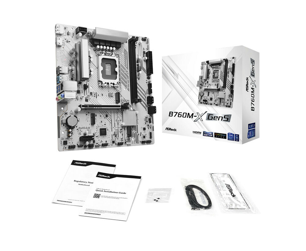 Carte mère ASRock B760M-X Gen5 accompagnée de sa boîte et de ses accessoires d'installation.