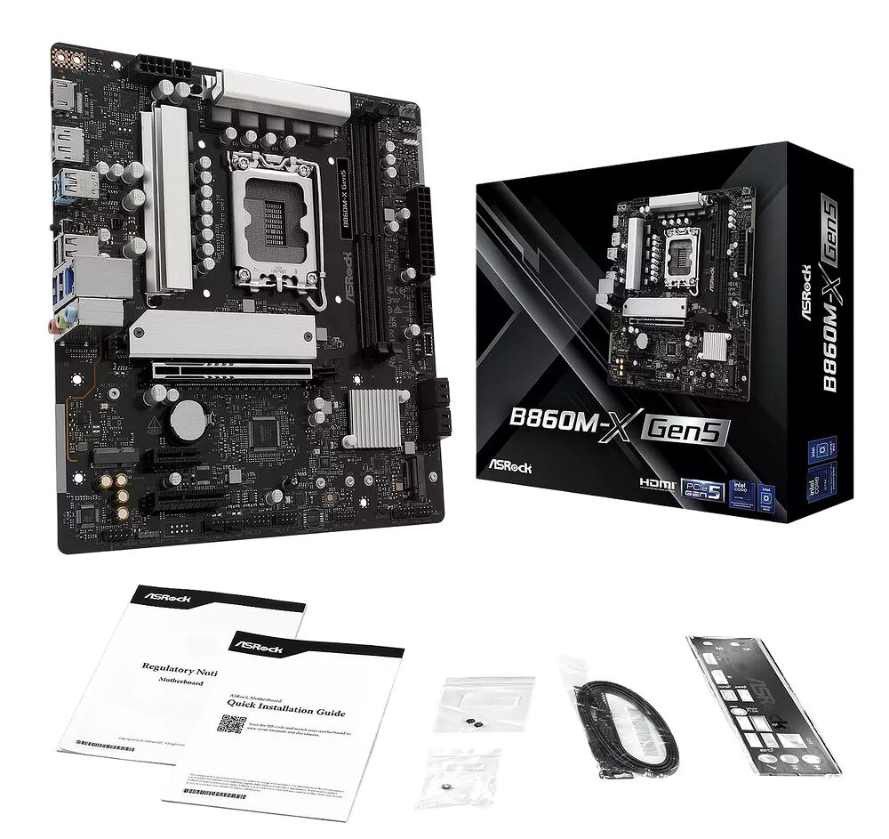 Carte mère ASRock B860M-X Gen5 présentée avec sa boîte et ses accessoires, dont un guide d'installation rapide et des câbles.