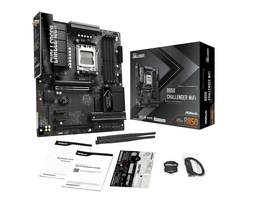 Carte mère ASRock Challenger B850 WiFi présentée avec sa boîte et ses accessoires, incluant un guide d'installation et des câbles.