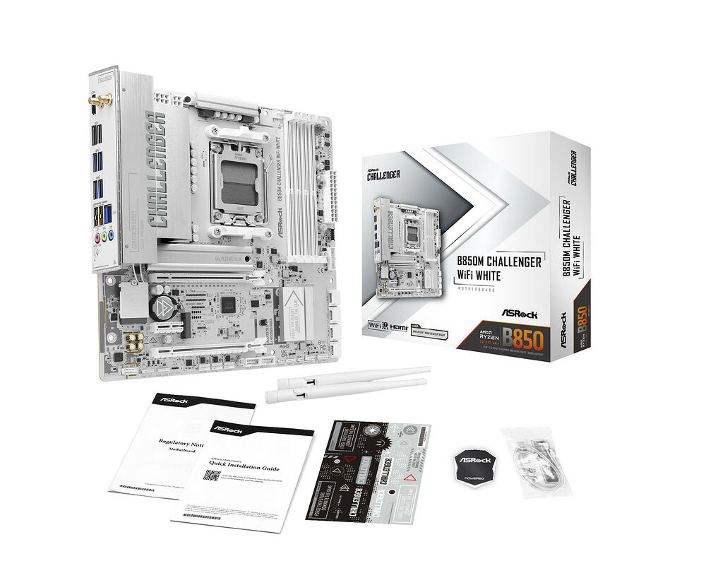 Carte mère ASRock B850M CHALLENGER WiFi White accompagnée de sa boîte, de ses antennes et de ses guides d'installation.