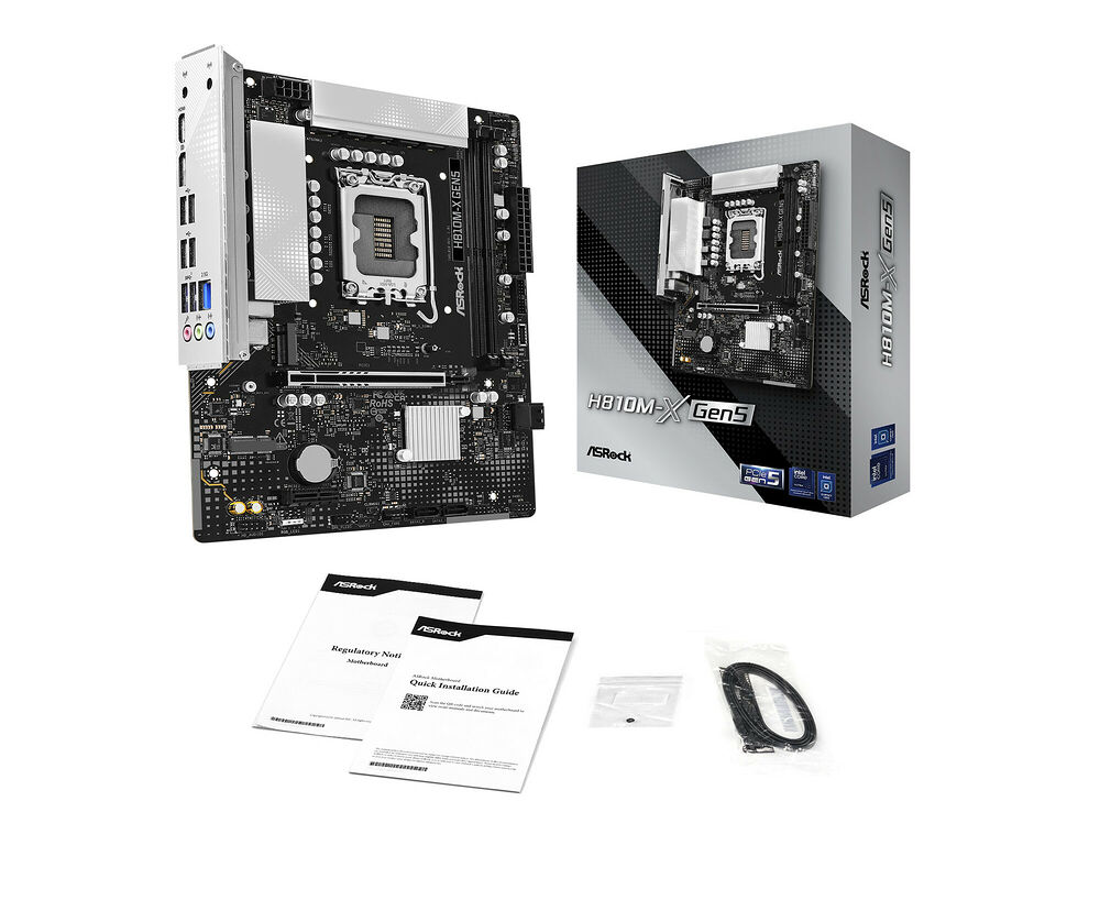 Carte mère ASRock H810M-X Gen5 présentée avec sa boîte d'origine, un guide d'installation rapide et un câble SATA.