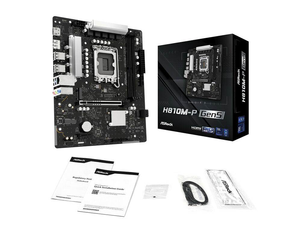Carte mère ASRock H810M-P Gen5 présentée avec sa boîte d'origine, son guide d'installation rapide et ses accessoires de montage.