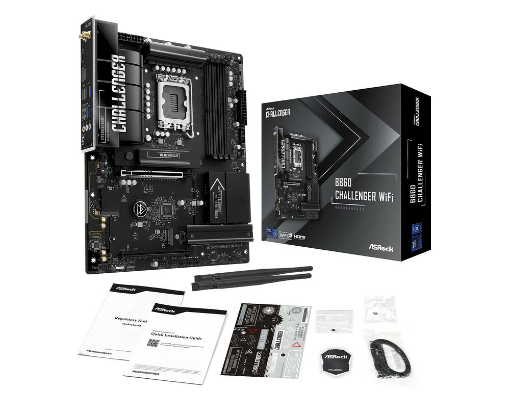 Carte mère ASRock Challenger B860 WiFi accompagnée de sa boîte et de ses accessoires, comme les guides d'installation et les câbles.