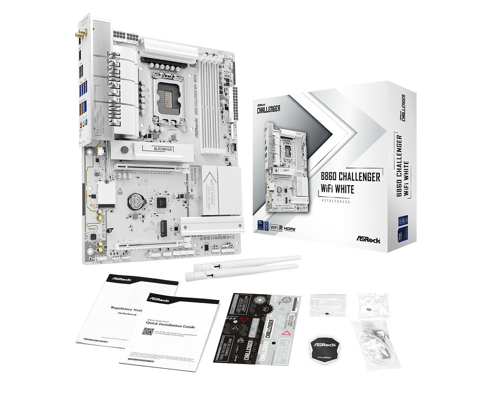 Carte mère ASRock Challenger B860 White accompagnée de sa boîte, de ses antennes WiFi et de ses guides d'installation.