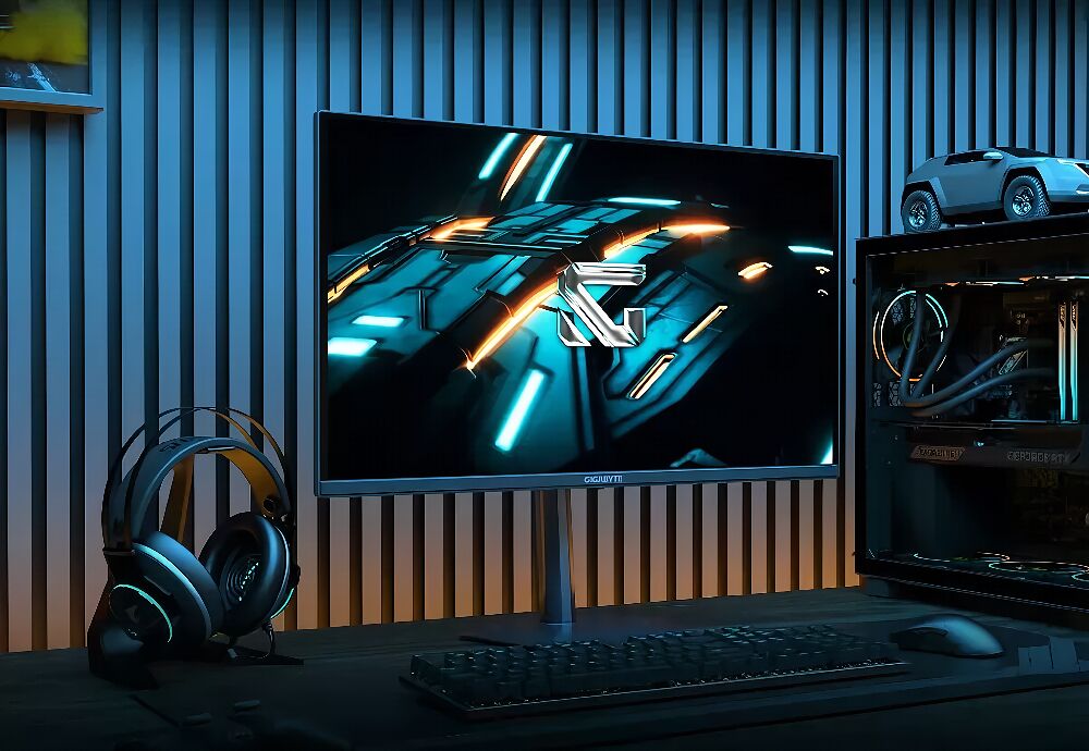 Un setup gaming comprenant un écran Gigabyte affichant un logo futuriste, un clavier mécanique, une souris et un casque audio posé sur un bureau devant un PC avec éclairage RGB.