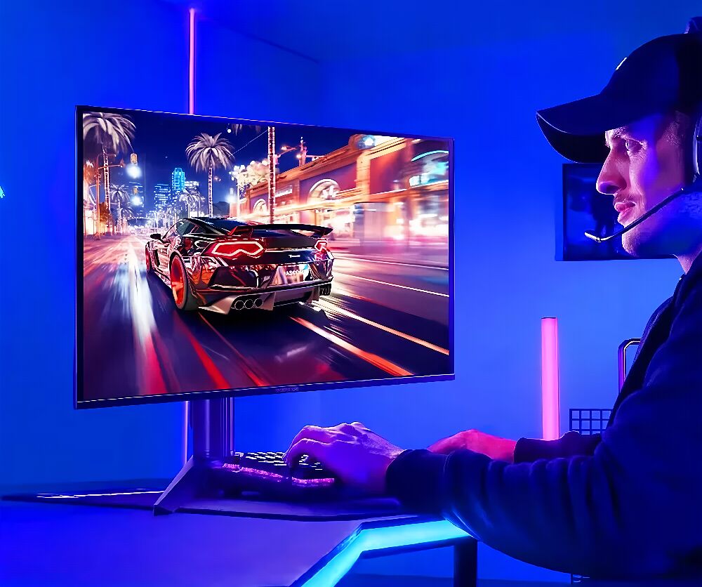 Un homme portant un casque et une casquette joue sur un PC avec un grand écran affichant une course de voiture nocturne, le tout éclairé par des lumières LED bleues et roses.