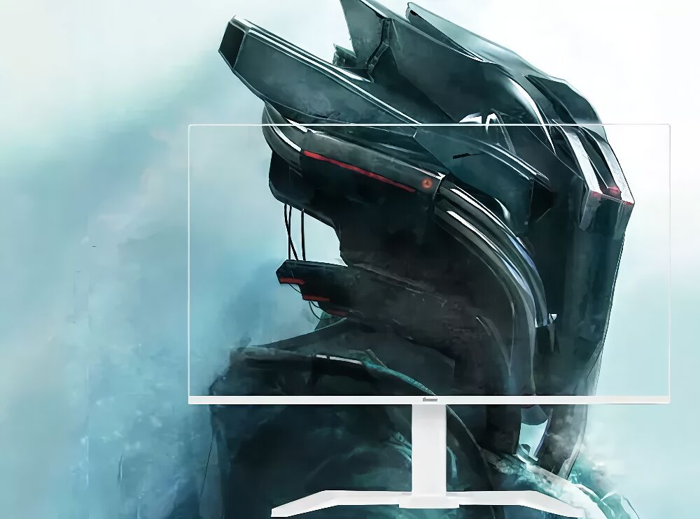 Écran d'ordinateur avec un cadre blanc fin, affichant une illustration de personnage robotique futuriste sur un fond bleu et gris.