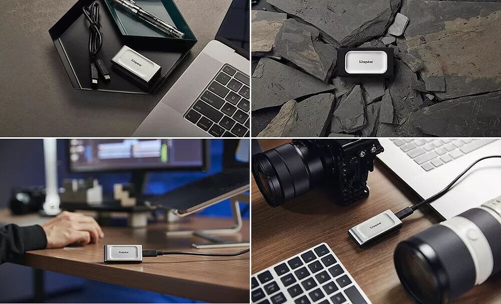Un montage de quatre images montrant l'utilisation de petits adaptateurs LaCie pour connecter des appareils comme un ordinateur portable, un appareil photo ou un stylo.