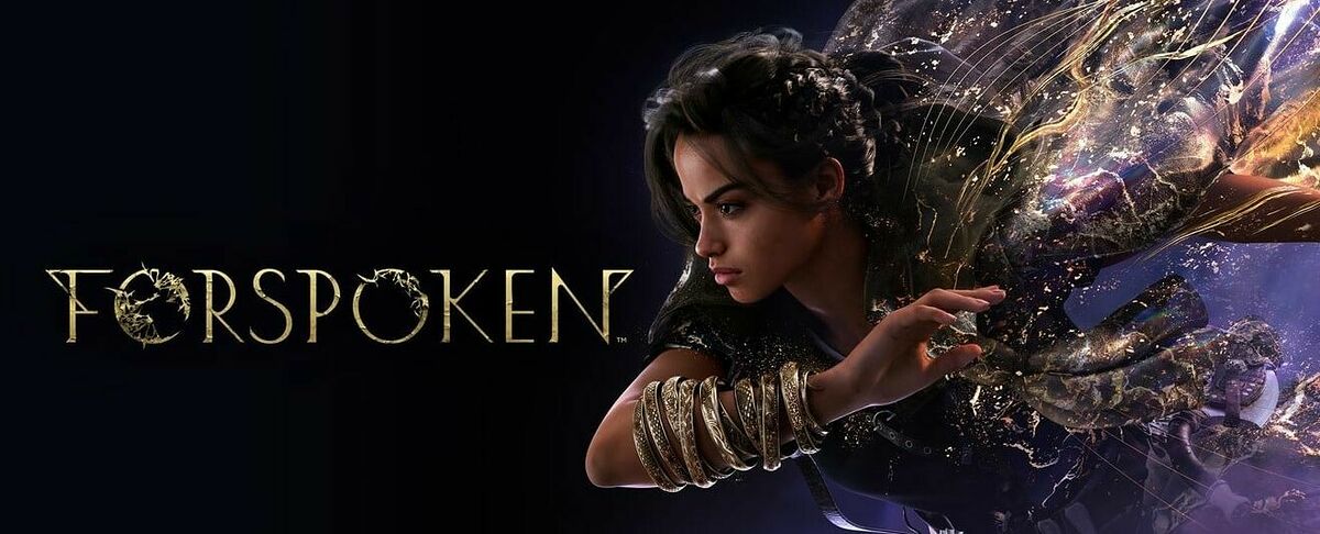 Image d'illustration du titre de Forspoken. On y voit forspoken écrit en lettre d'or à côté d'une jeune femme brune, parée de vêtements sombres et de bijoux dorées manipulant une sorte de magie qui semble faire comme un voile recouvrant la réalité