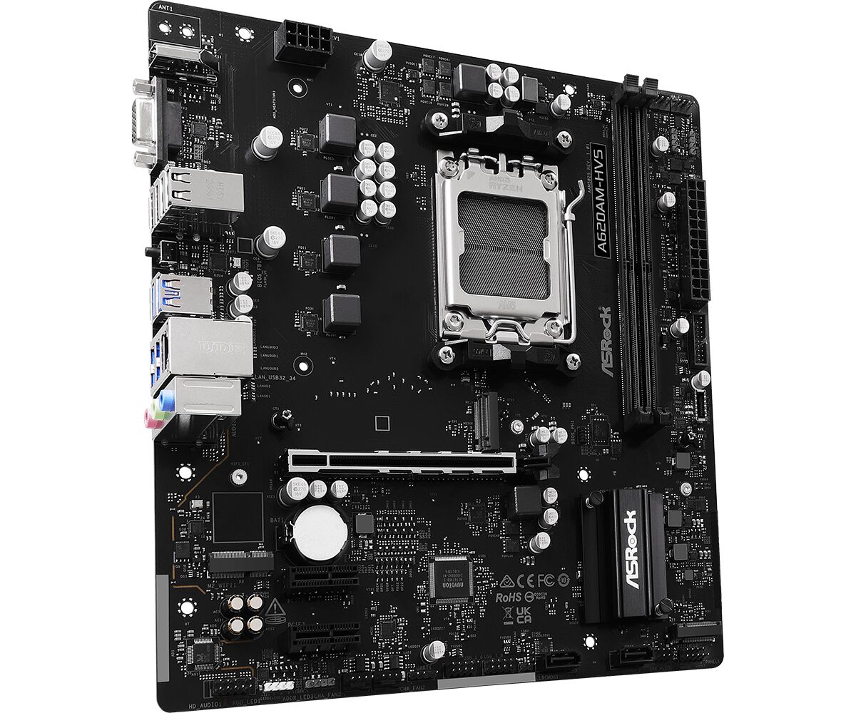 Carte mère ASRock A620AM-HVS pour processeur AMD, de couleur noire avec divers connecteurs et emplacements de mémoire RAM.