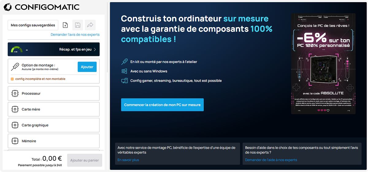 Interface du configurateur PC ConfigoMatic