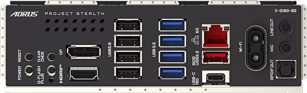 Panneau arrière d'un PC Aorus Project Stealth présentant divers connecteurs : ports USB, HDMI, DisplayPort, ports audio, Wi-Fi et ports USB-C.