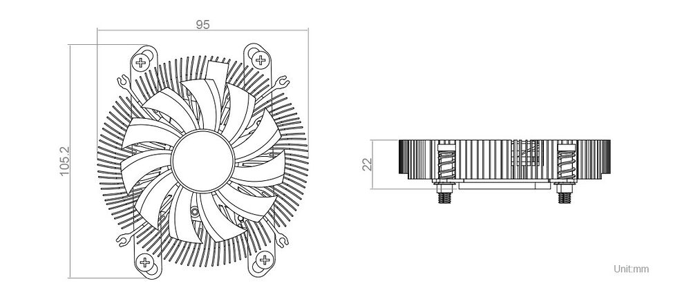 Schéma technique d'un ventilateur de processeur montrant ses dimensions de 105,2 mm de hauteur et 95 mm de largeur, avec une épaisseur de 22 mm.