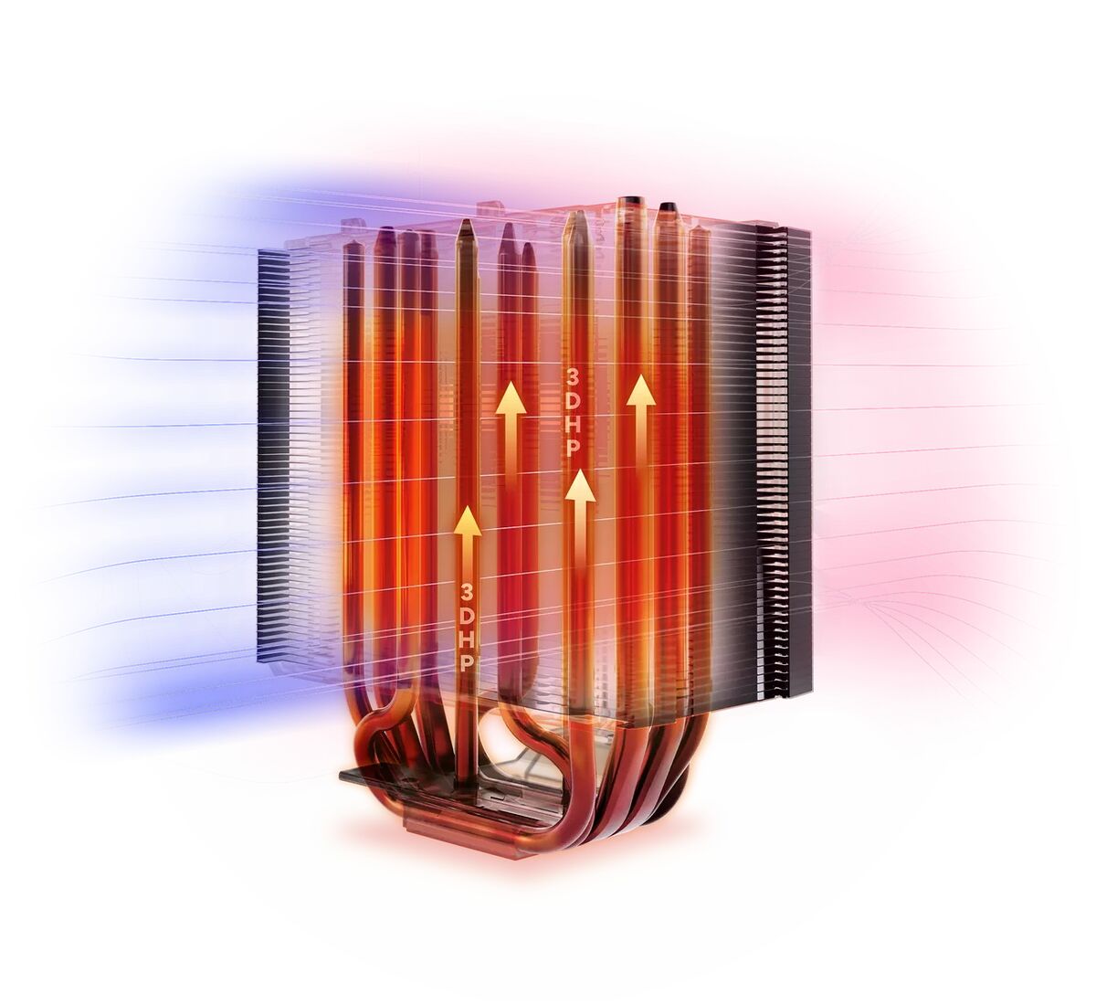 Schéma thermique montrant le flux d'air et la dissipation de chaleur à travers un dissipateur thermique avec des caloducs.