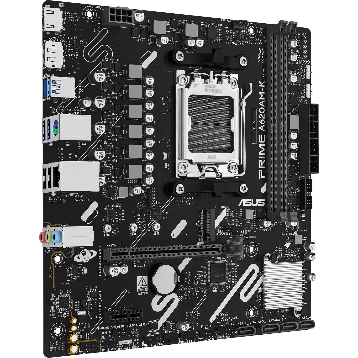 Carte mère ASUS Prime A620AM-K pour processeur AMD Ryzen, avec un dissipateur thermique sur le socket et plusieurs emplacements pour la mémoire RAM.