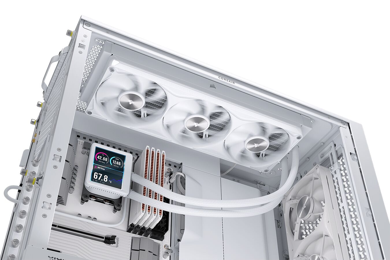 Un PC blanc avec un système de refroidissement liquide Corsair équipé de trois ventilateurs et d'un écran LCD affichant des données de température.