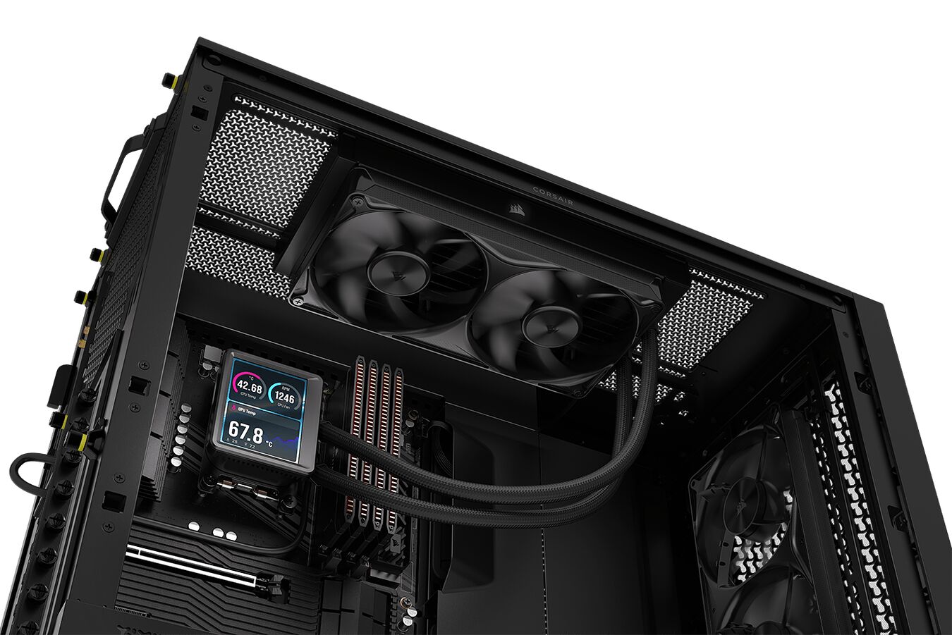 Vue de l'intérieur d'un PC avec un système de refroidissement liquide Corsair comprenant deux ventilateurs sur le radiateur et un écran LCD affichant les températures.