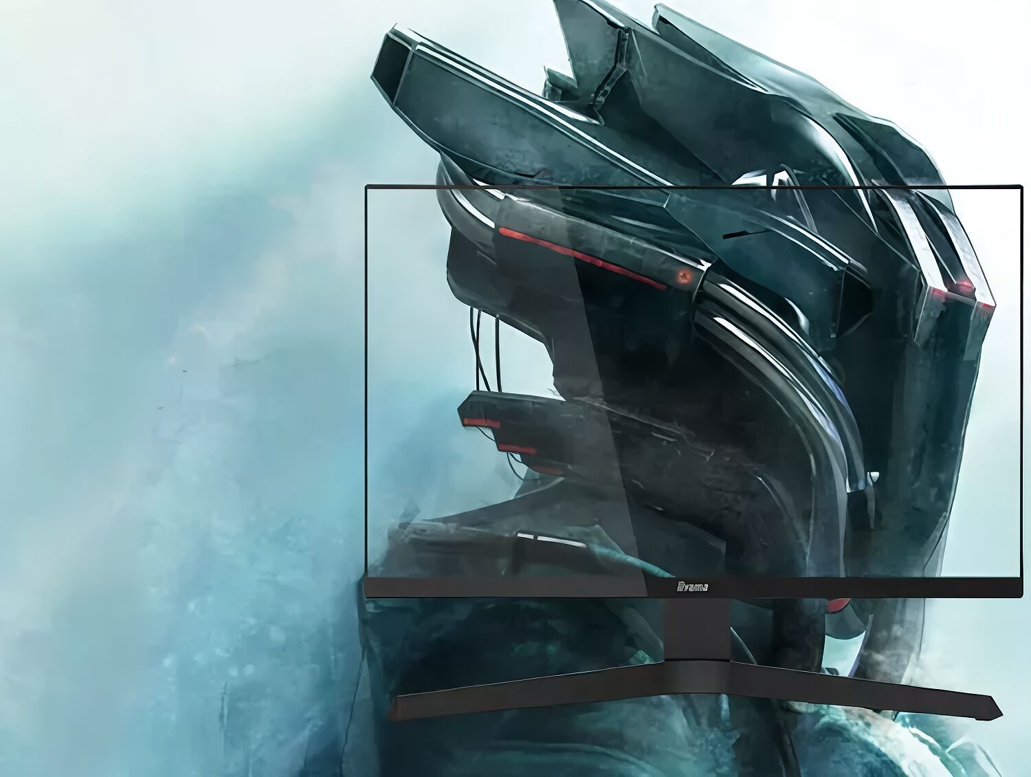Écran de PC gamer de marque Aorus avec un design fin et des bordures réduites, présenté devant un fond artistique abstrait.