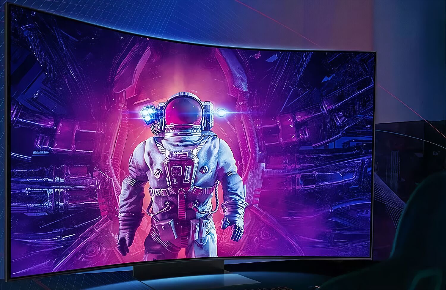 Écran incurvé affichant une image de science-fiction avec un astronaute dans un décor spatial violet et bleu.