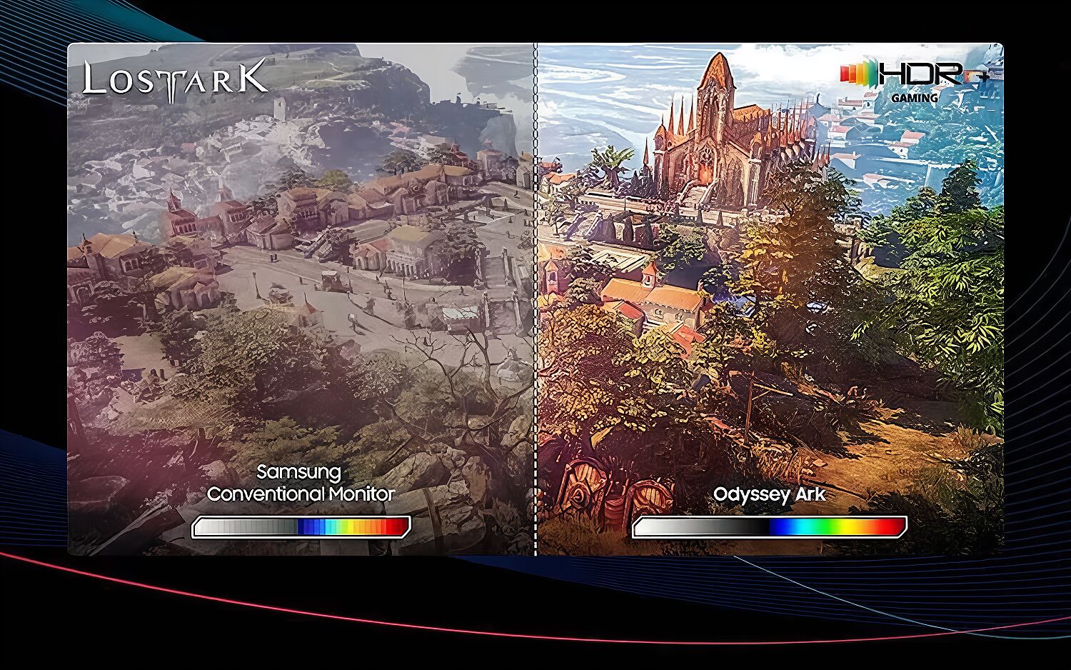 Comparaison de l'image du jeu Lost Ark sur un moniteur Samsung conventionnel à gauche et sur un moniteur Odyssey Ark à droite, montrant une différence de luminosité et de couleurs grâce à la technologie HDR.