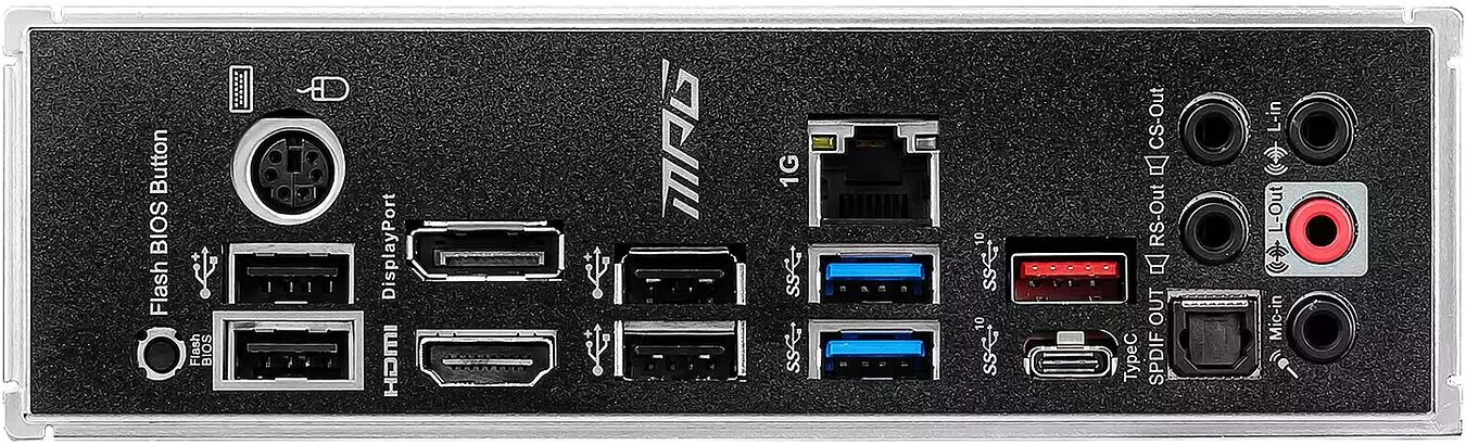 Panneau arrière d'une carte mère ASUS avec divers ports : HDMI, DisplayPort, ports USB, ports USB-C, port Ethernet 1G, sorties audio et bouton Flash BIOS.