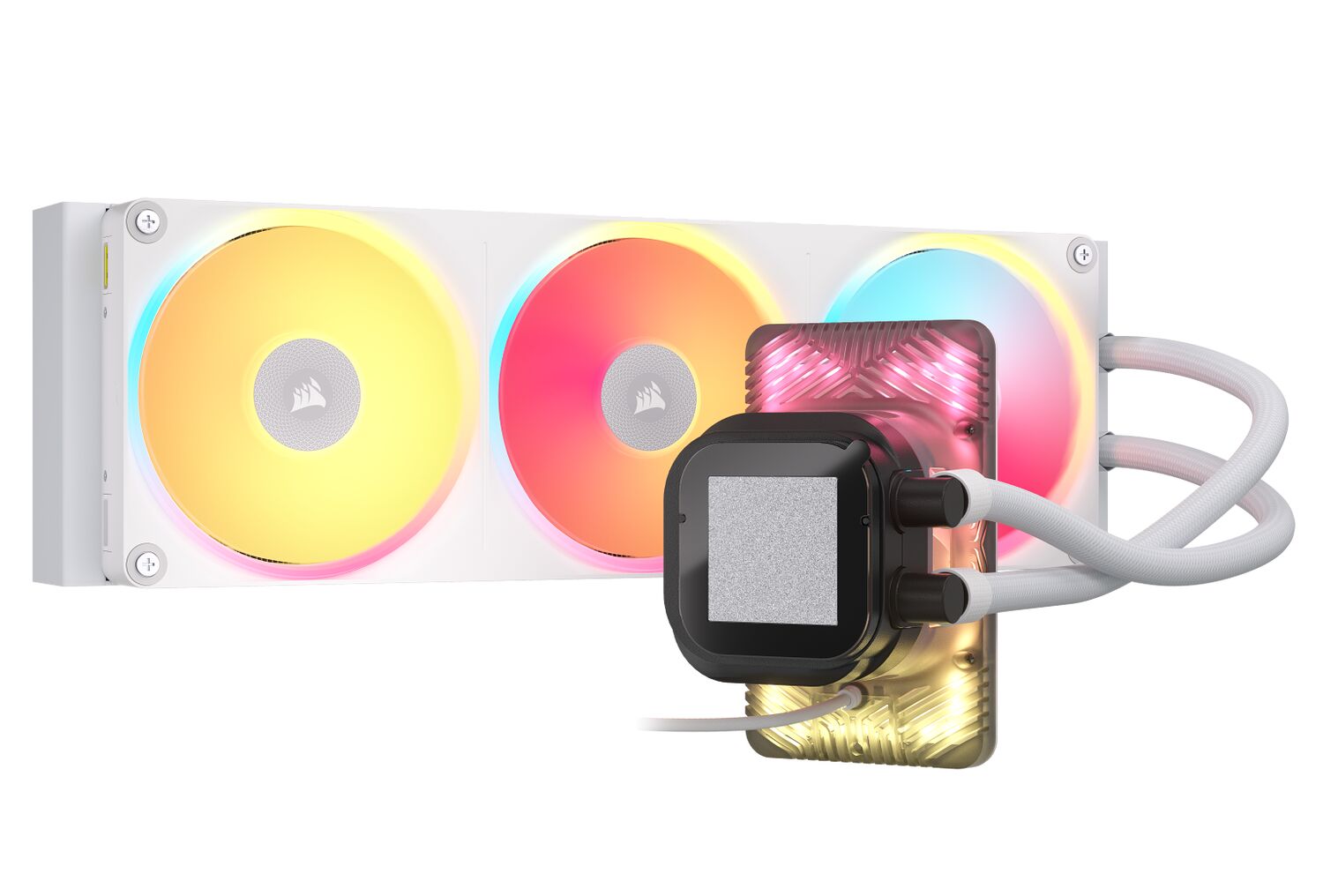 Refroidissement liquide Corsair avec un radiateur blanc équipé de trois ventilateurs RGB et une pompe noire.