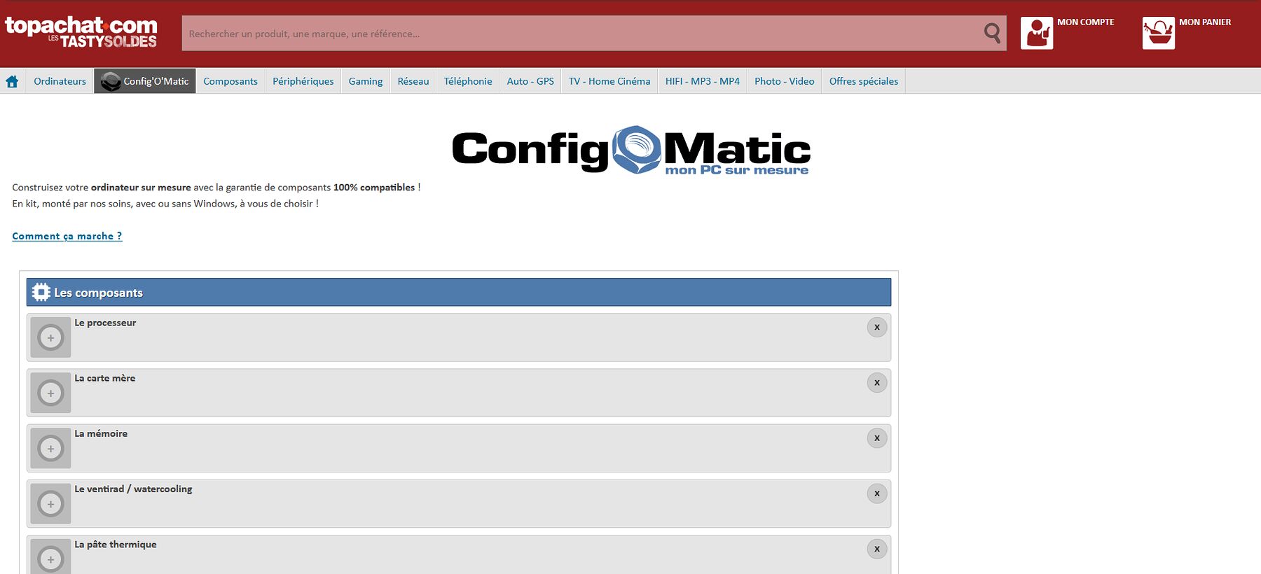 Capture d'écran du Config'O'Matic en 2014, avec sa liste de composants dépliable, affichée en grand