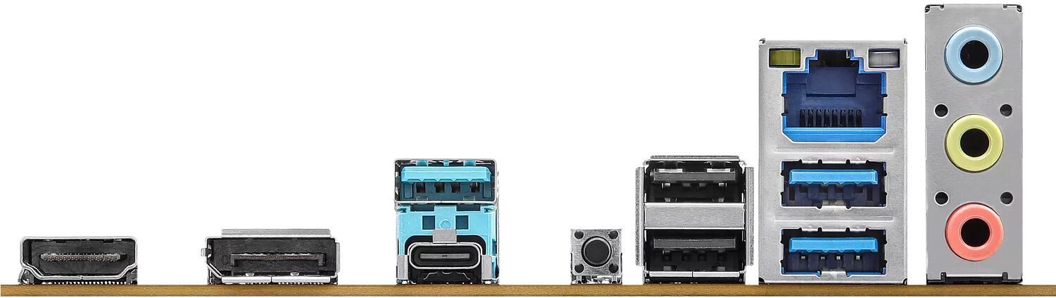 Panneau arrière d'une carte mère présentant divers connecteurs : ports USB, ports vidéo, port Ethernet et prises audio jack.