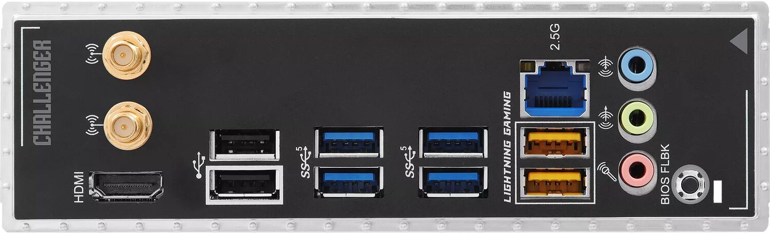 Panneau arrière d'une carte mère Challenger avec connecteurs HDMI, USB, ports réseau 2.5G, ports audio et connecteur BIOS Flashback.