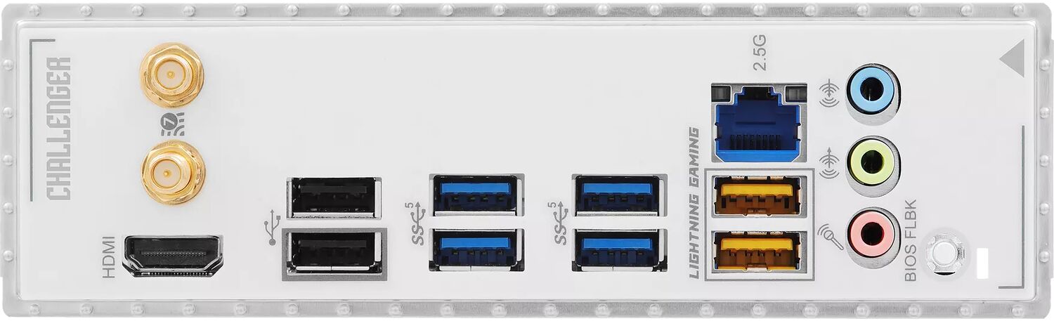 Panneau arrière d'une carte mère Challenger avec ports HDMI, USB, ports réseau 2.5G, ports audio et connecteurs USB-C.