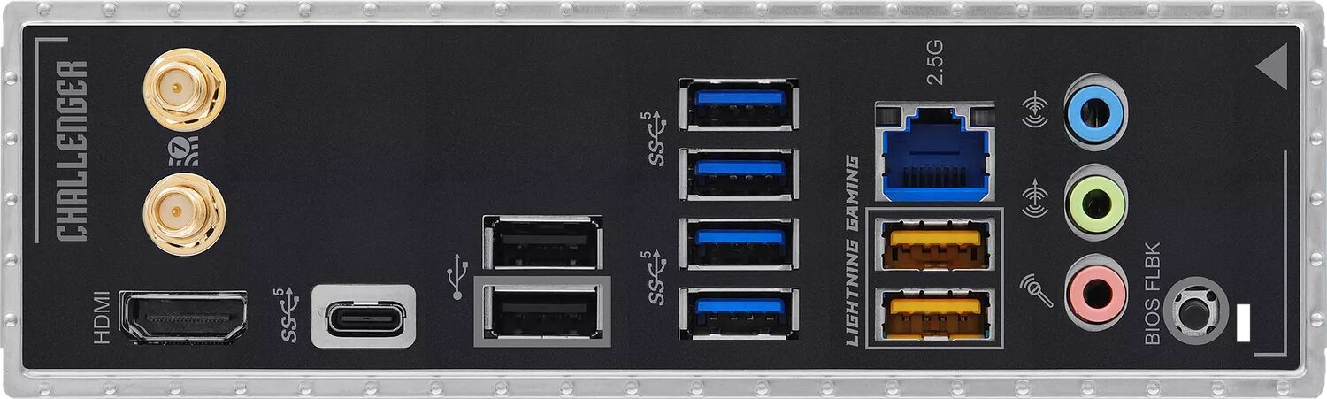 Panneau arrière d'une carte mère Challenger présentant divers ports : HDMI, DisplayPort, USB, ports Ethernet 2.5G, prises audio et un bouton BIOS FLBK.
