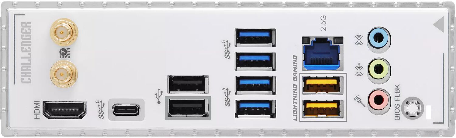 Panneau arrière d'un PC Challenger présentant divers connecteurs : ports USB, HDMI, DisplayPort, ports audio et un bouton BIOS FLBK.