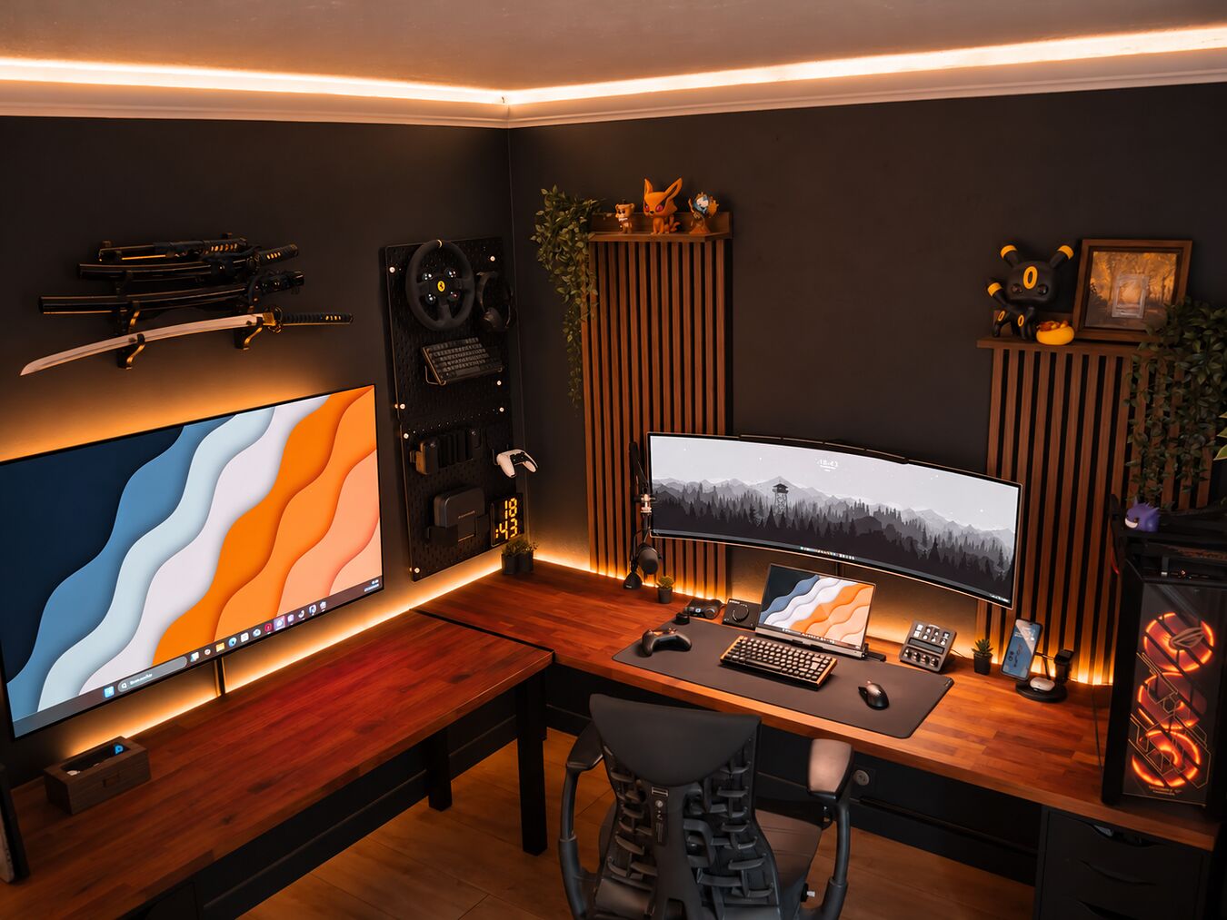 Setup gaming d’angle en bois, écran ultrawide incurvé, lumière chaude, par BaptisteB123