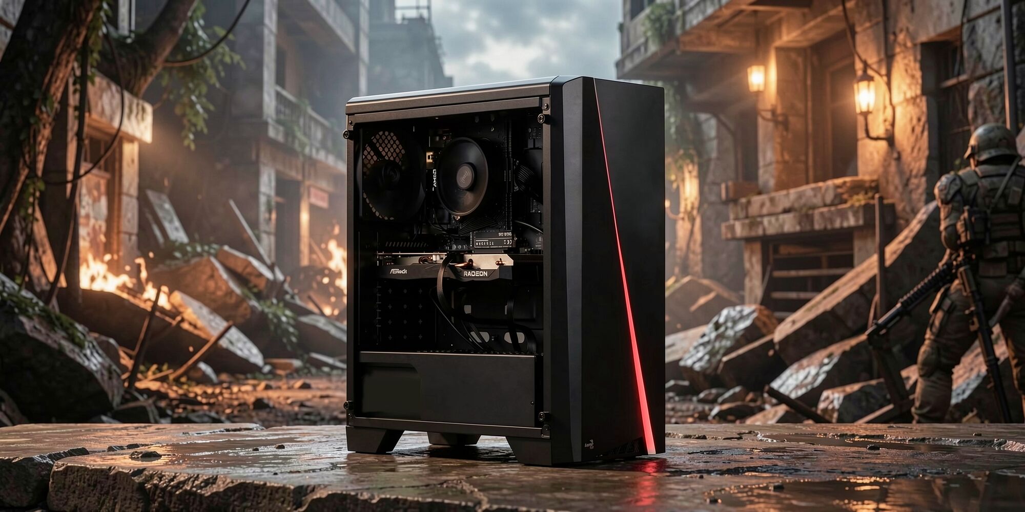 Un PC gamer noir avec un panneau latéral en verre trempé laissant apparaître les composants internes, posé dans un décor urbain dévasté.