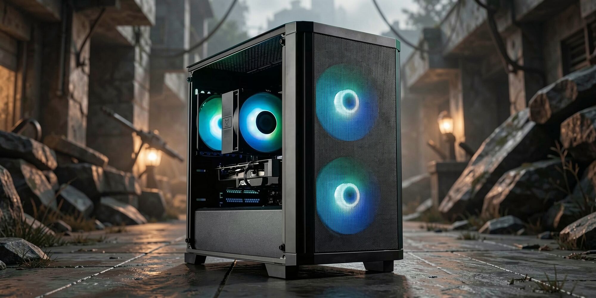 Un PC avec un boîtier noir doté de deux ventilateurs avant éclairés en bleu et de composants internes avec un éclairage LED bleu.