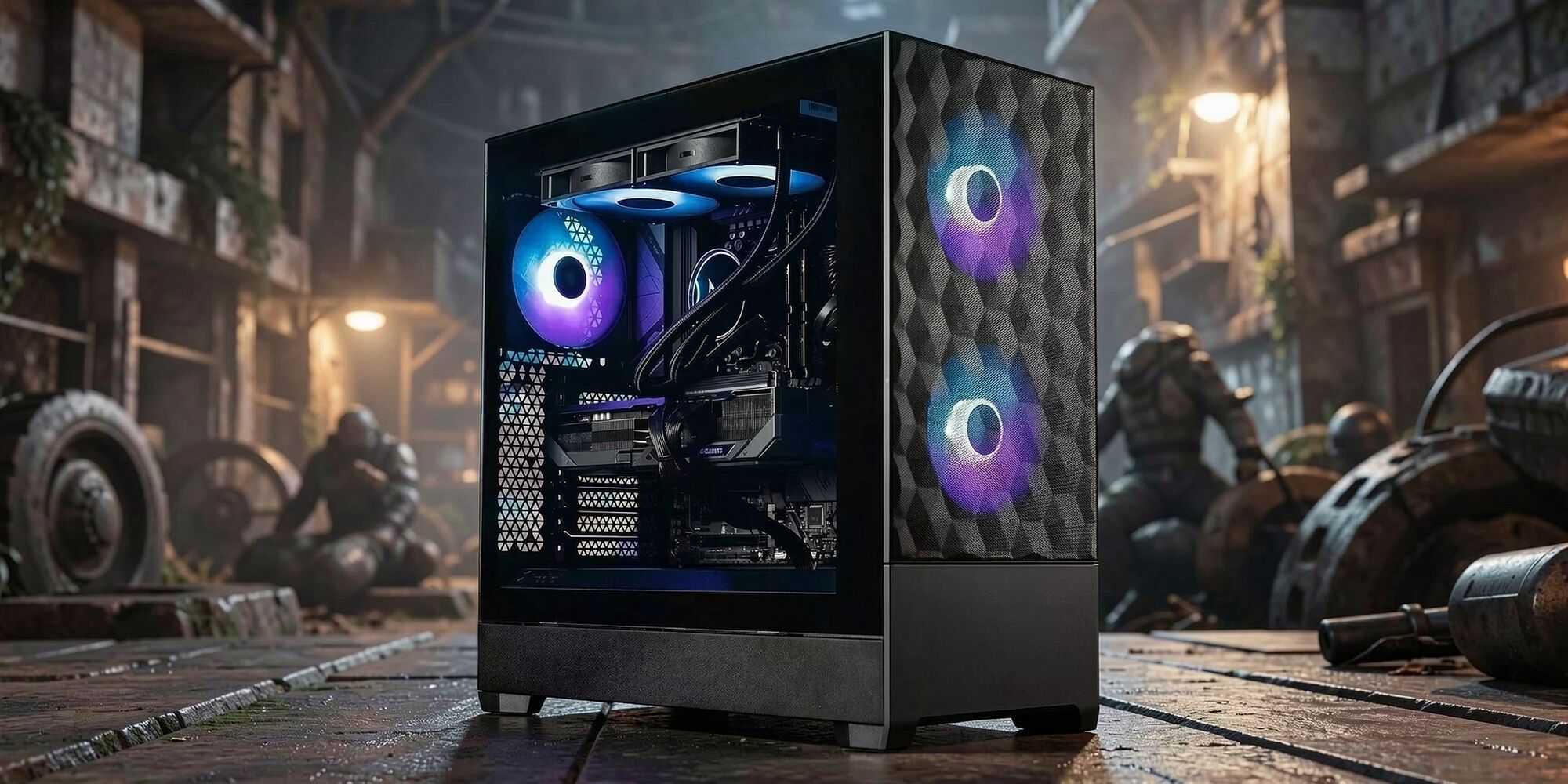 Un PC avec un boîtier noir doté d'une façade en mesh texturée et de deux ventilateurs LED violets et bleus visibles à l'avant. L'intérieur du boîtier est éclairé par des composants avec un éclairage RGB.