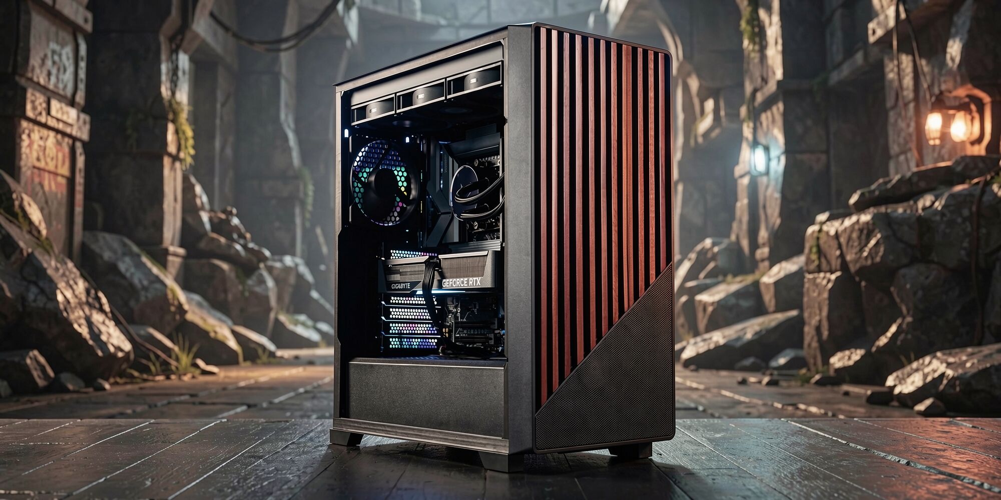 Un PC avec un boîtier noir et des lattes verticales orange sur le côté, éclairé par des composants internes avec des LED. Le boîtier est posé dans un décor de ruines antiques.